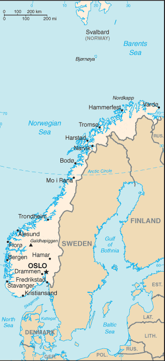 Mapa zasięgu serwisu TIR w Norwegii